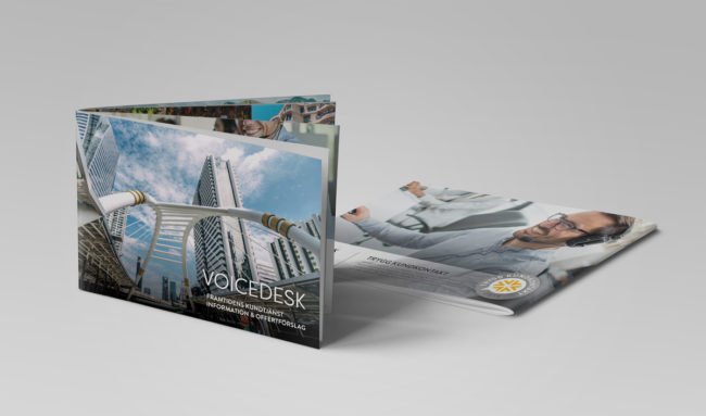 Broschyr layoutad av Wahlbergs Grafiska till företaget Voicedesk.