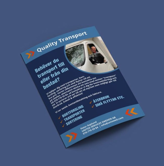 Flyer i A5 format layoutad av Wahlbergs Grafiska åt United Services Sweden_Wahlbergs-Grafiska