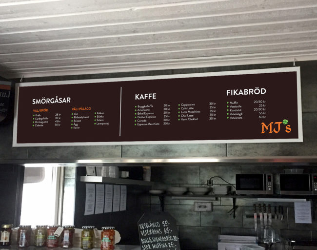 Menyskylt MJ's Restaurang & Caféer Wahlbergs Grafiska